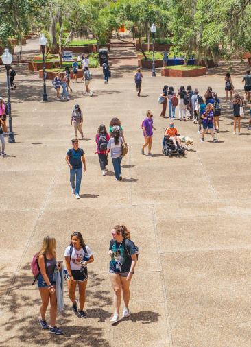A group of students walking through a plaza